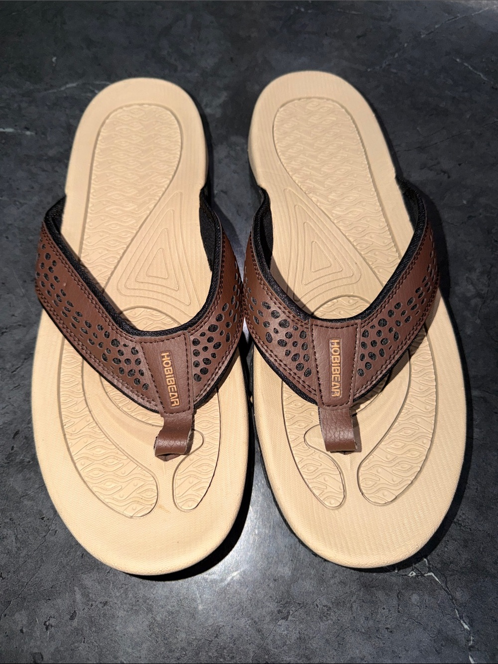 Hobibear Men's Brown Leather-Trim Flip Flops with Tan Footbed
